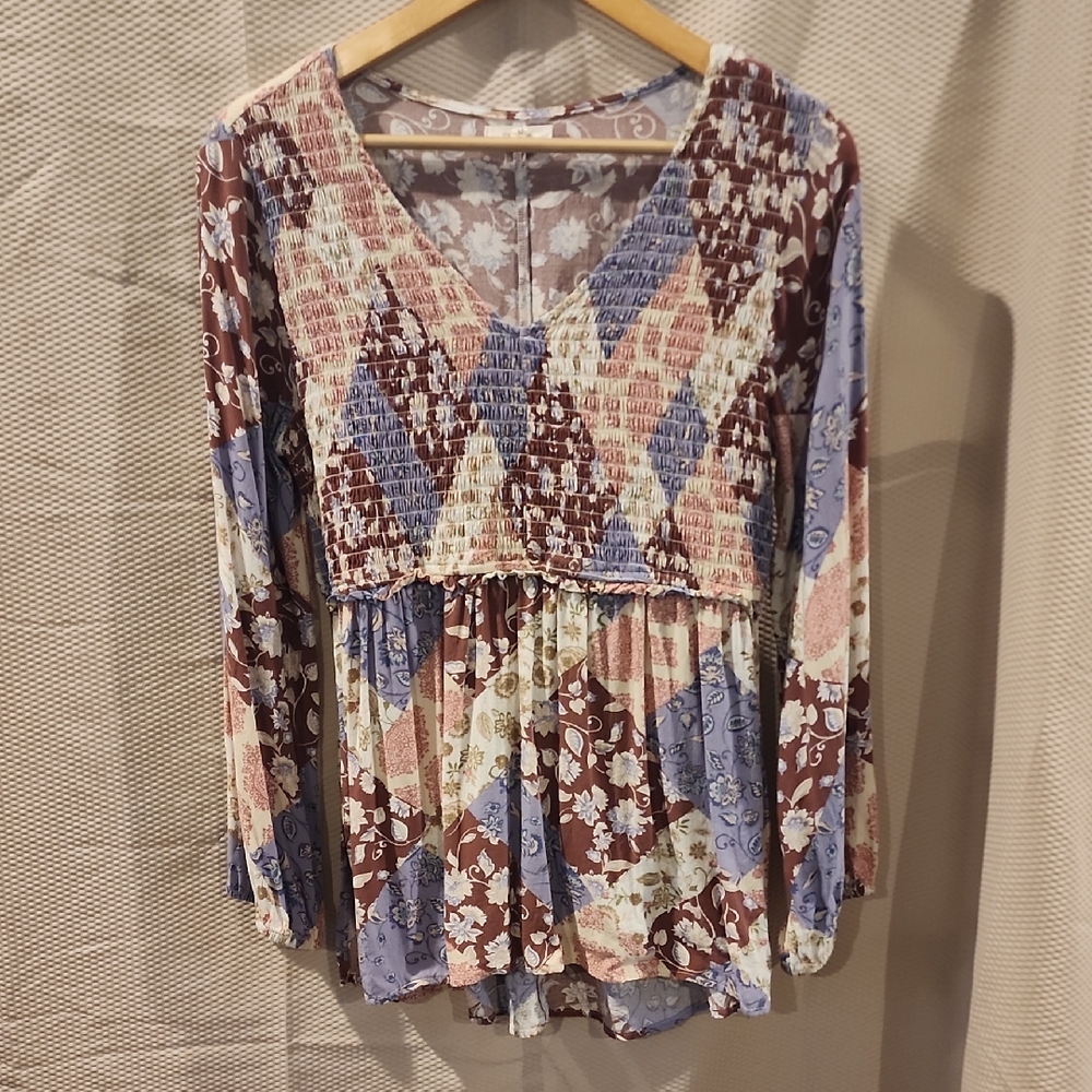 Maurices Blue, Brown & Cream Floral Patchwork V-Neck Tunic